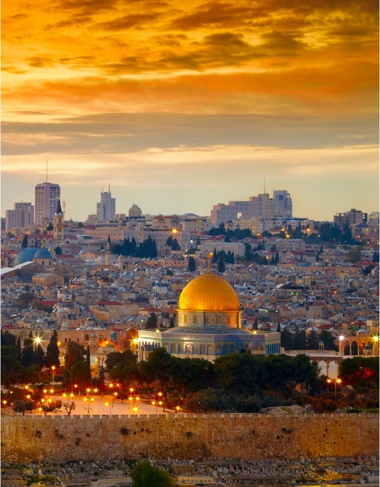 The Dome of the Rock and the old city of Jerusalem at sunset